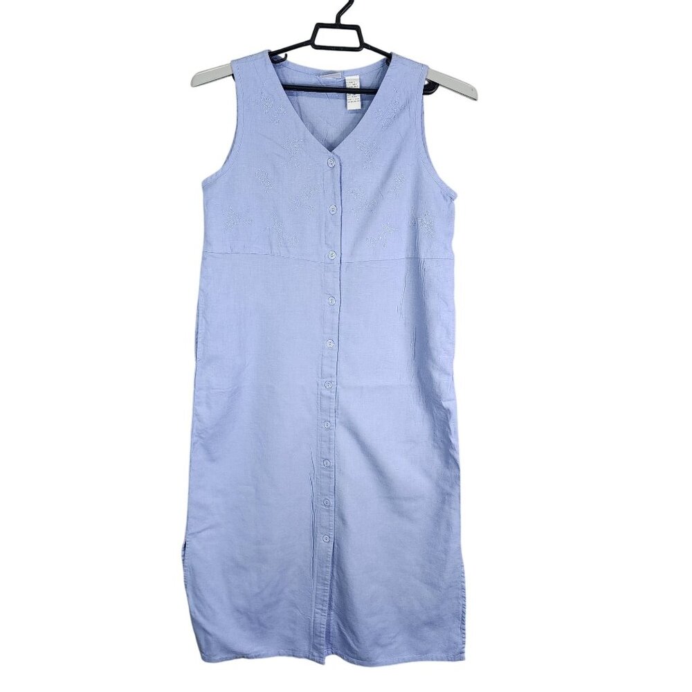 Womens Blue Koret Sleeveless Dress Linen Rayon Blend V Neck Button Front Size M